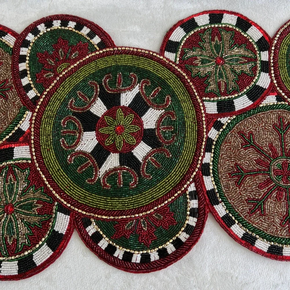 Mackenzie-Childs Beaded Medallion Table Runner Red Green Holiday Christmas Decor